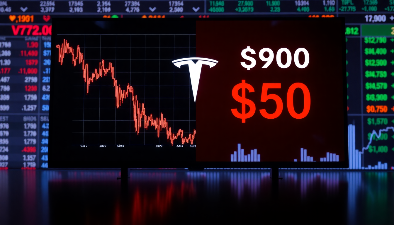 테슬라 주가가 19달러까지 떨어지고 900달러 이상 상승하는 극단적인 변동성을 보여주는 대비 이미지
