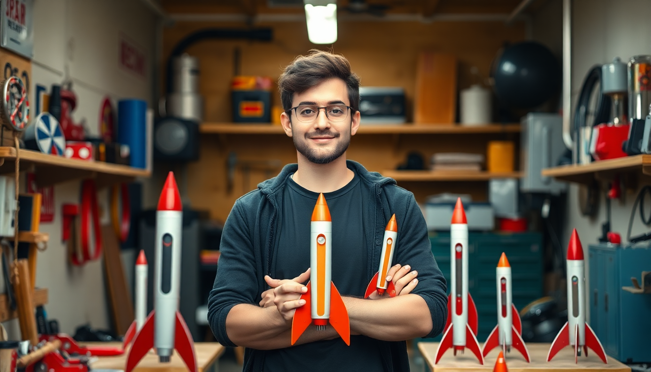 작은 차고에서 미래 우주 혁신을 꿈꾸는 젊은 창업가 모습