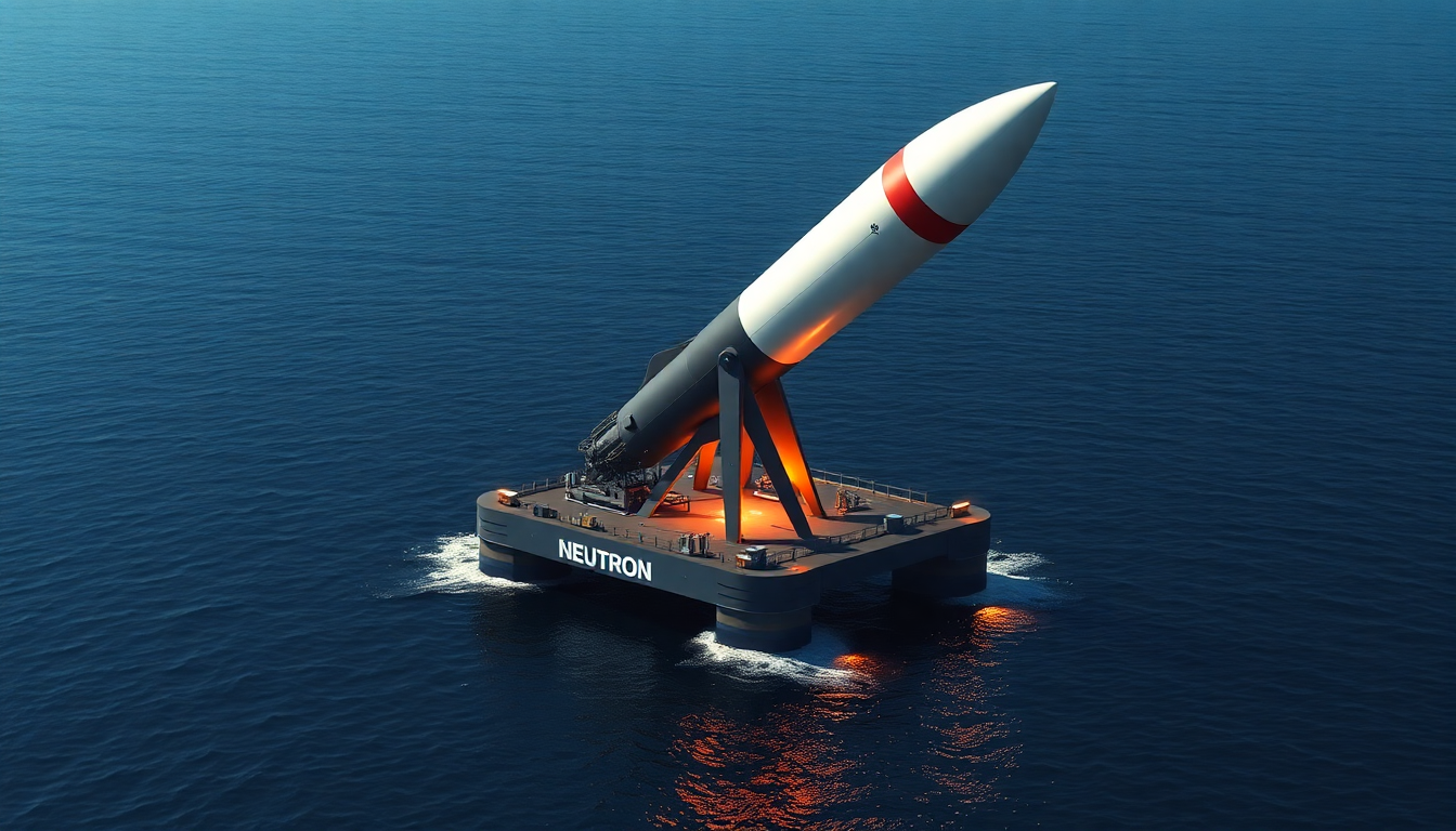 바다 바지선에서 발사되는 Neutron 로켓을 통해 재사용 기술과 미래 심우주 탐사 목표 표현
