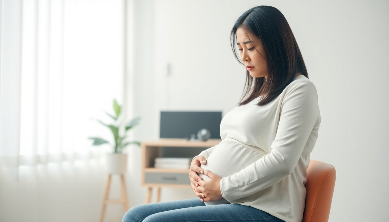 갑상선 기능 이상이 임신에 미치는 영향을 다룬 세 번째 섹션을 보완하는 이미지로, 임신부가 걱정스러운 표정으로 배를 만지는 모습을 사실적으로 표현했습니다.