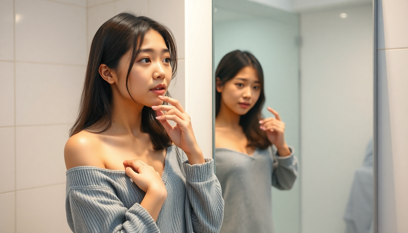 거울 앞에서 유방 자가검진을 하는 30대 한국 여성의 모습