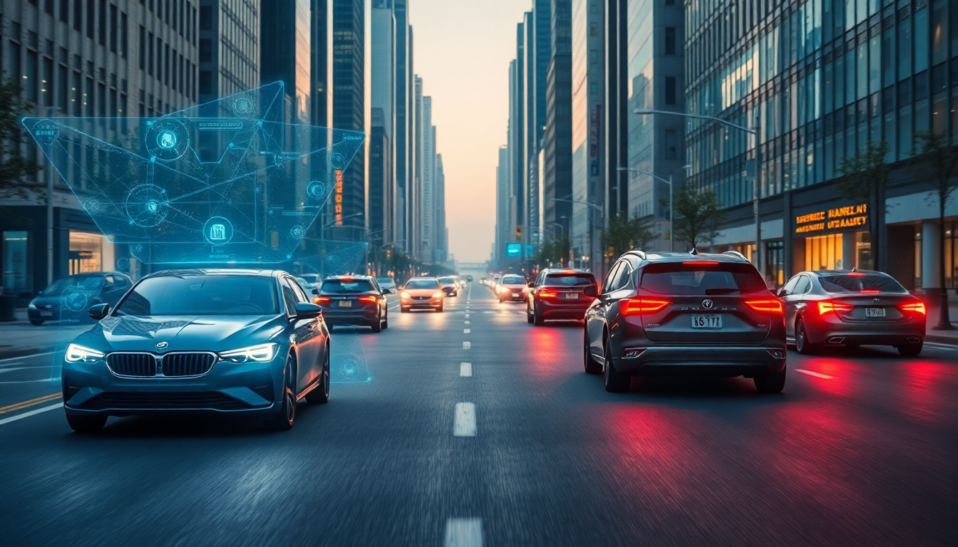 2025년 첨단 자율주행 센서 기술을 갖춘 자율주행 차량이 도시 도로를 주행하는 모습