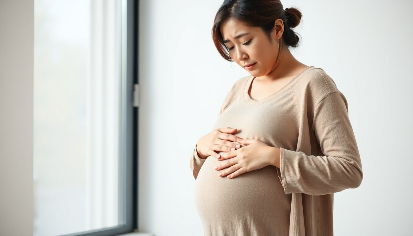 엄마의 갑상선 건강이 태아 뇌와 신경계 발달에 중요한 영향을 미치는 상황을 표현한 한국인 임산부의 모습