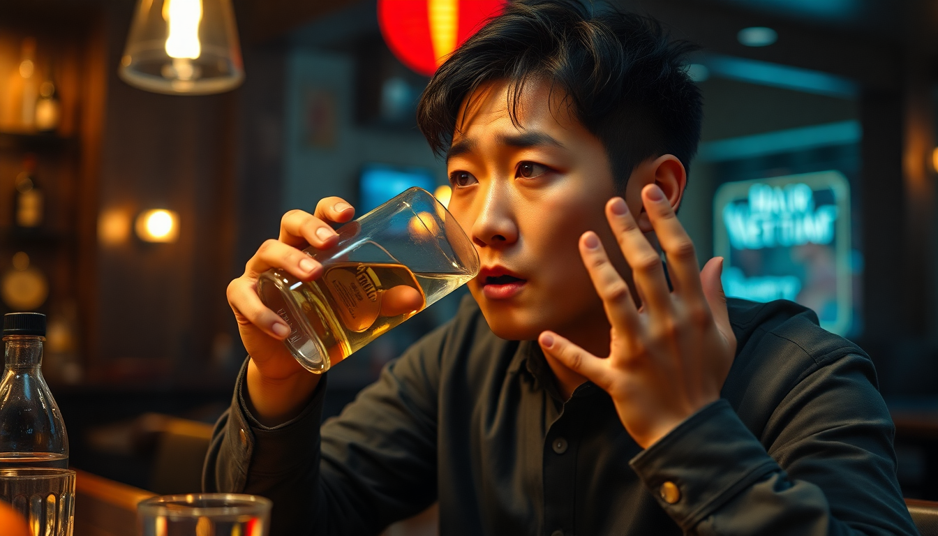 술을 마시고 손이 저린 증상을 겪는 한국인 남성의 모습