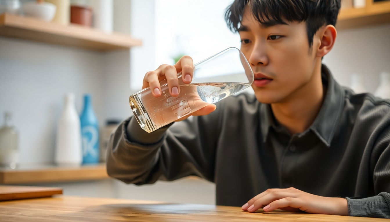술 마신 후 탈수를 해소하기 위해 물과 이온 음료를 마시는 한국인 모습