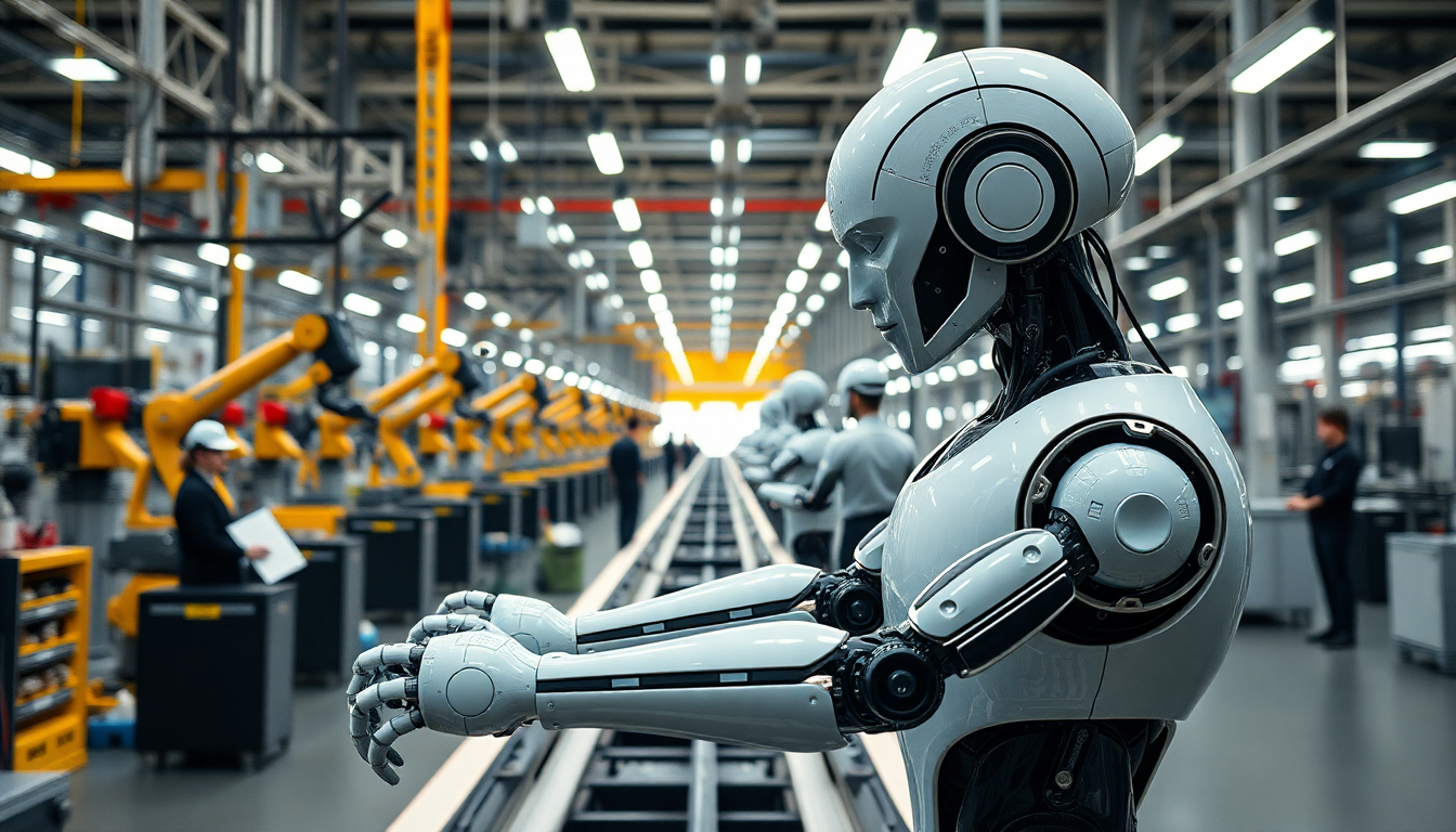 테슬라 옵티머스 휴머노이드 로봇이 공장 내 조립 라인에서 작업하는 모습