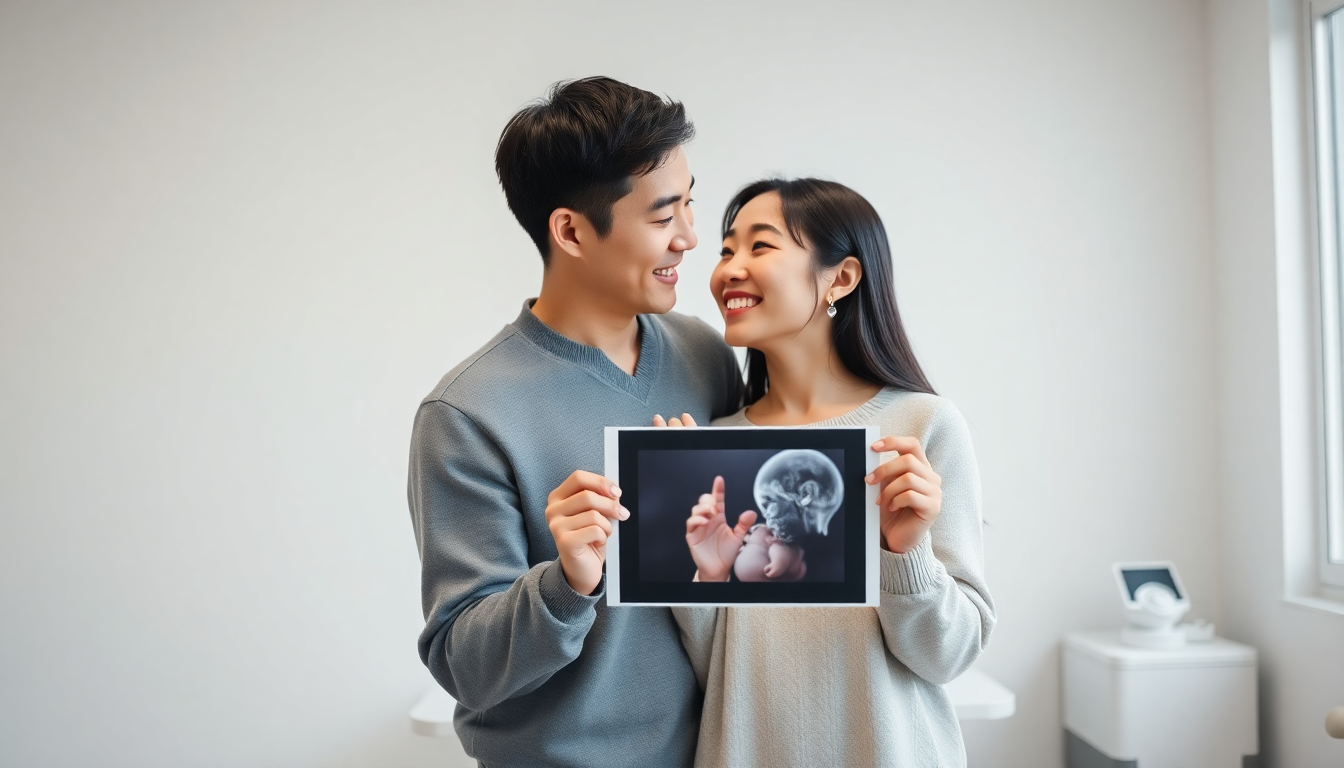건강한 아기를 만나기 위한 임신 준비 단계 TSH 검사 중요성을 강조한 마지막 결론 섹션을 위한 이미지로, 임신을 준비하는 행복한 한국 부부가 산부인과 클리닉에서 초음파 사진을 보며 기뻐하는 모습을 담았습니다.