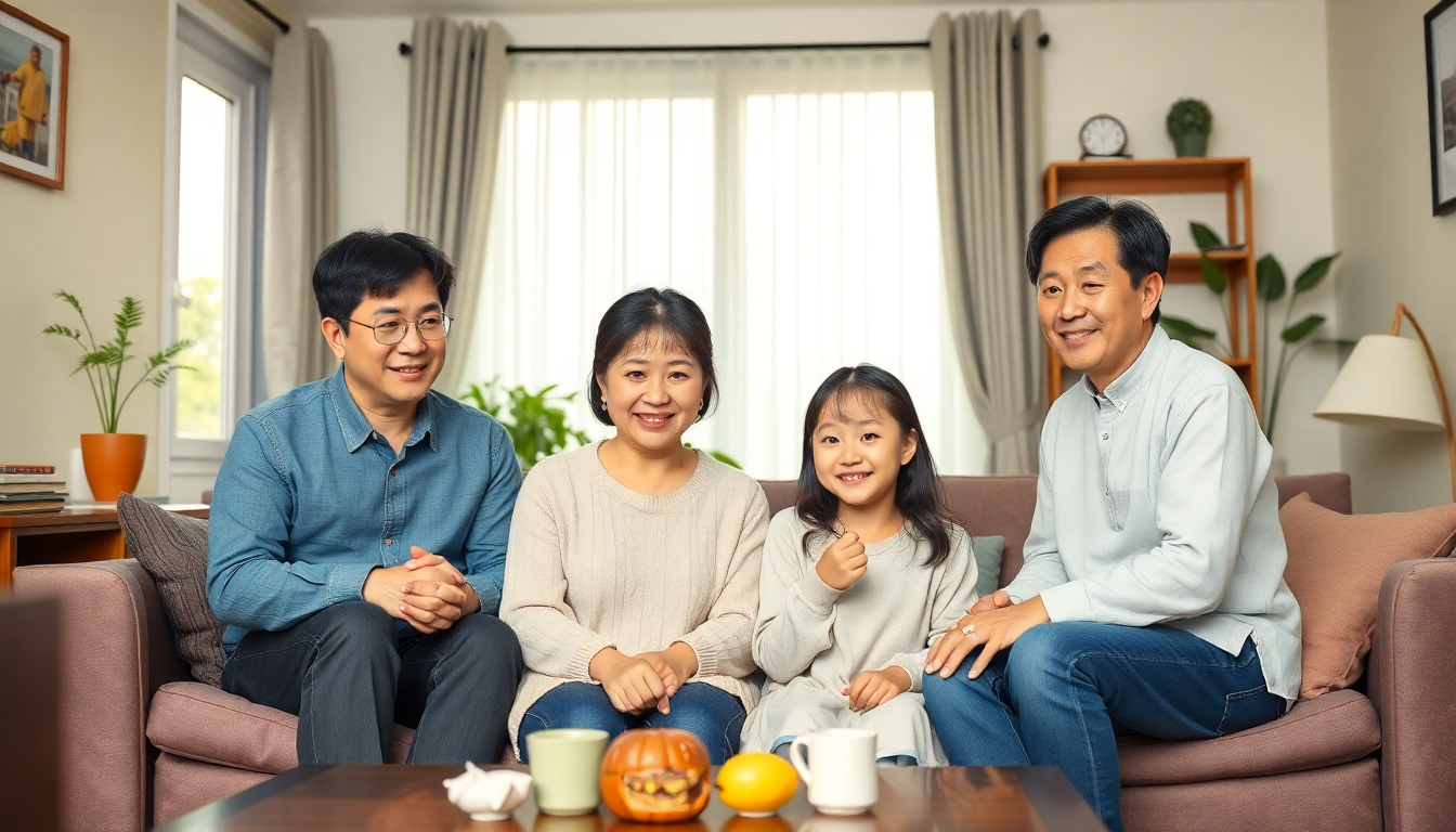 가족 구성원 건강 상태에 따른 맞춤 보험 설계 전략을 표현하는 한국인 가족
