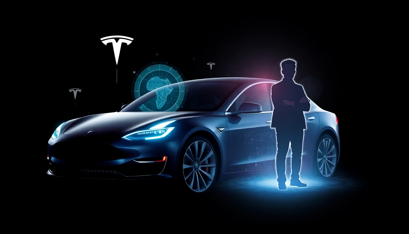 테슬라 전기차, AI 기술 그래픽과 일론 머스크 실루엣이 결합된 미래 투자와 현실의 교차점 이미지