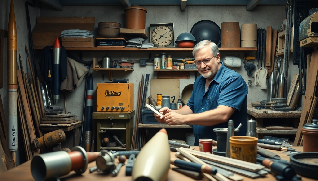 뉴질랜드의 작은 차고에서 로켓 부품과 도구를 앞에 두고 일하는 피터 백의 모습