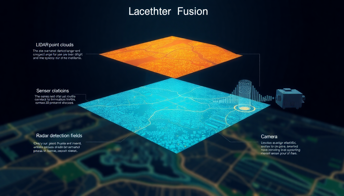 LiDAR, 레이더, 카메라 센서 데이터가 AI로 융합되어 완벽한 3D 지도가 만들어지는 센서 융합 개념 인포그래픽