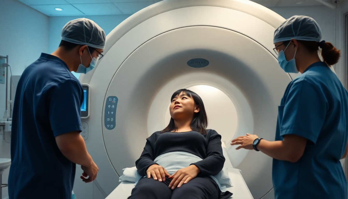 병원에서 MRI 검사를 받는 한국 여성 환자