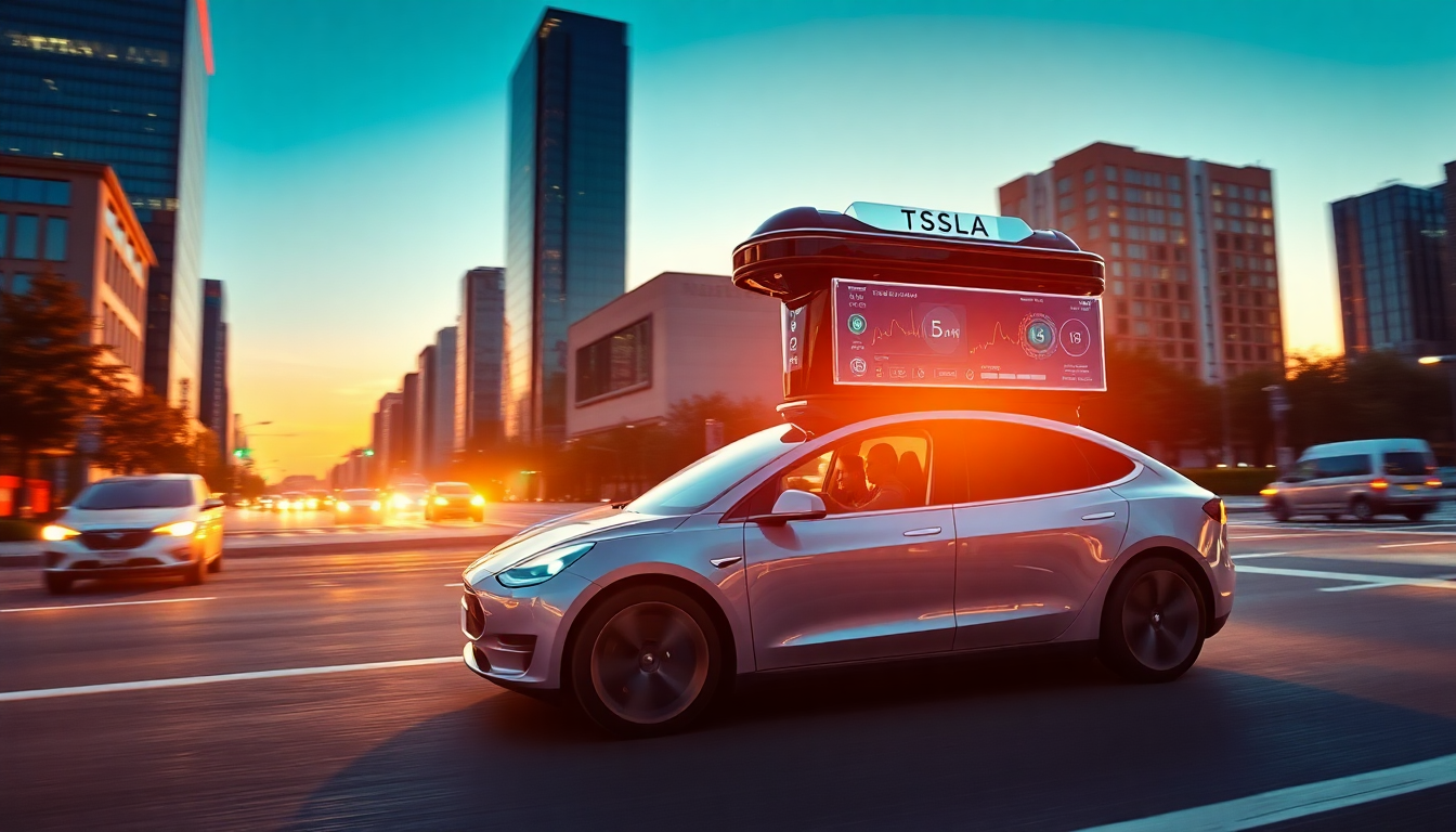 테슬라 완전자율주행 기술이 적용된 로보택시가 현대 도시에서 운행 중인 모습