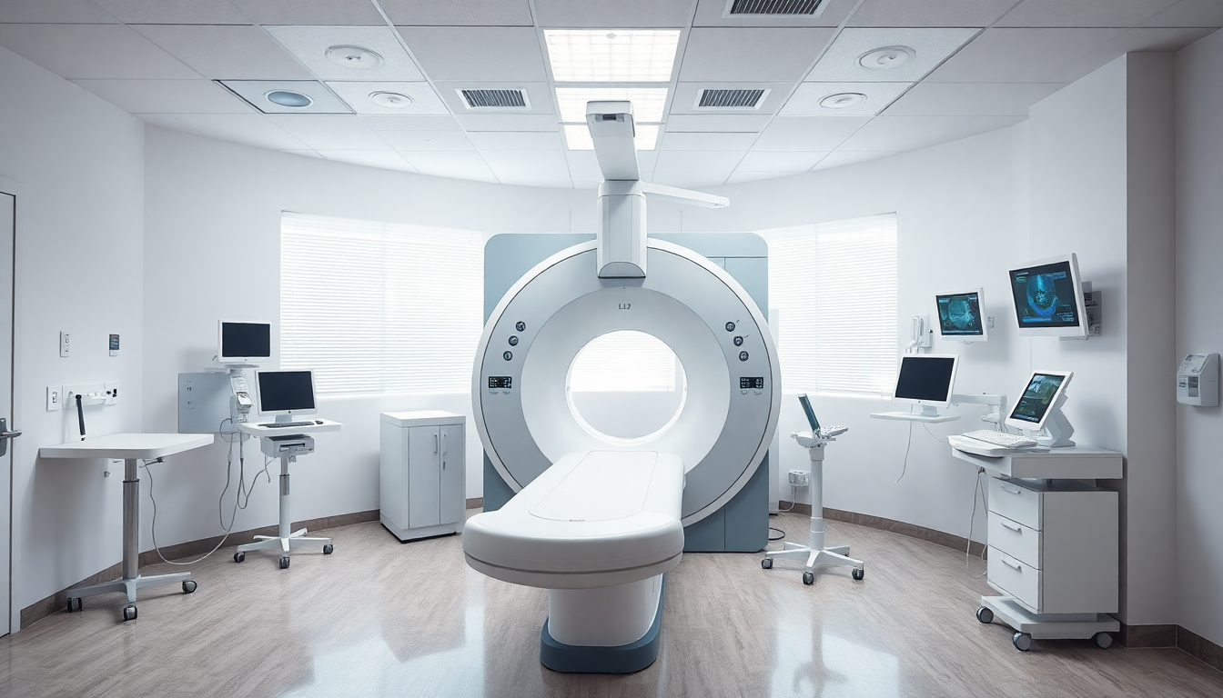 MRI 장비와 첨단 진단 시설이 갖춰진 현대적인 병원 진료실 전경