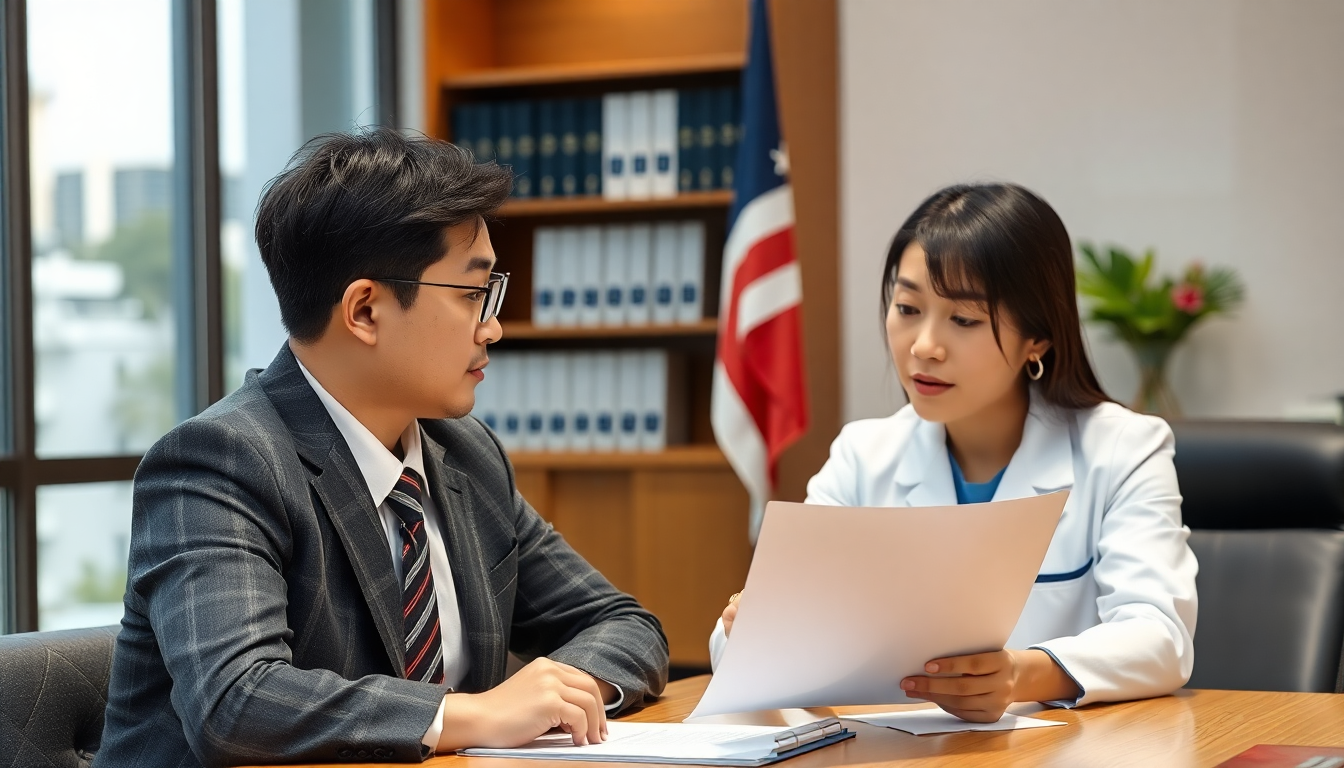 보험금 분쟁과 의료 심사 절차에 대해 전문가에게 조언을 받는 한국인 환자의 법률 상담 장면