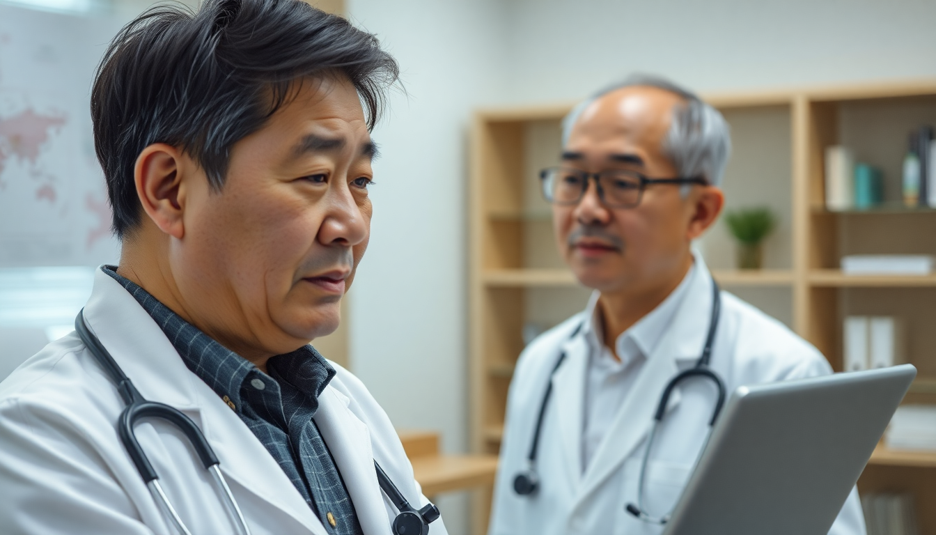 만성 통증으로 병원을 방문해 진료받는 중년 한국인 남성의 모습