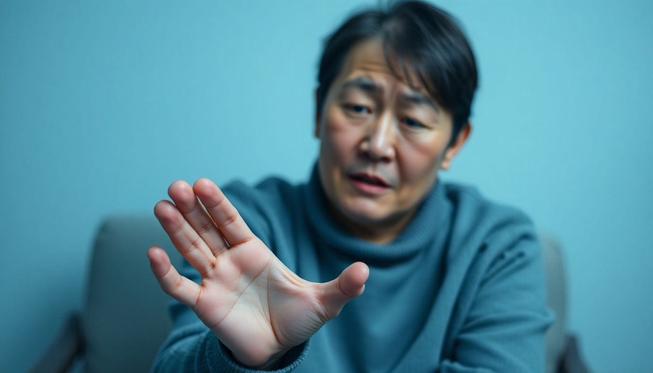 손 저림과 따끔거림으로 걱정하는 한국 중년 남성 모습
