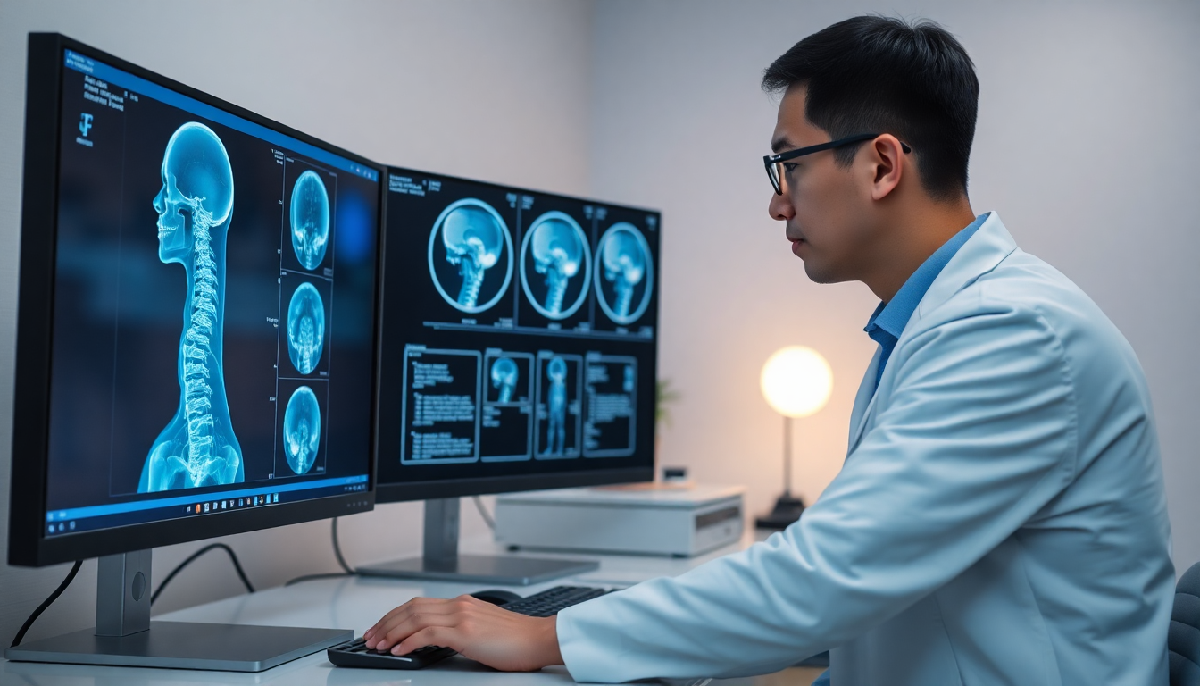 척추 전문의가 MRI 영상을 검토하는 모습
