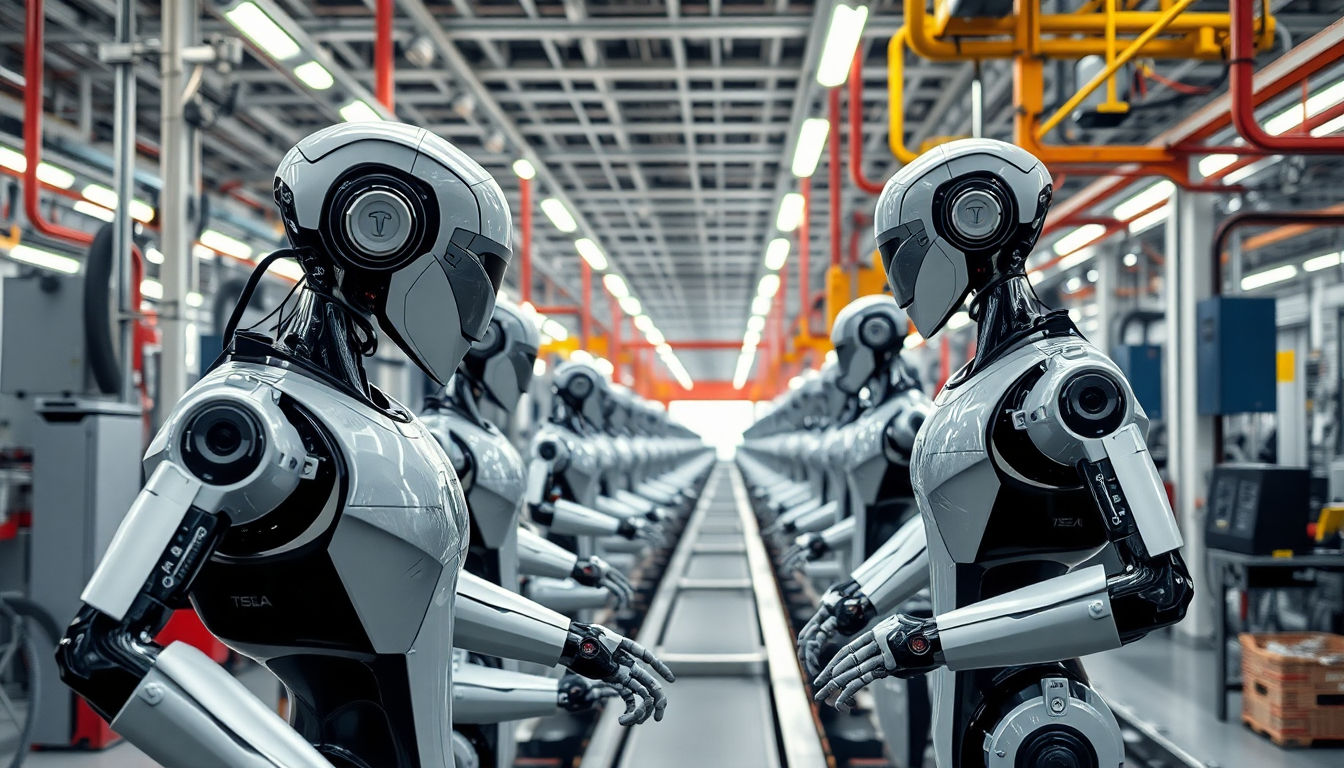 테슬라 공장 내부에서 옵티머스 휴머노이드 로봇이 조립라인과 함께 작업하는 모습을 담은 고화질 이미지