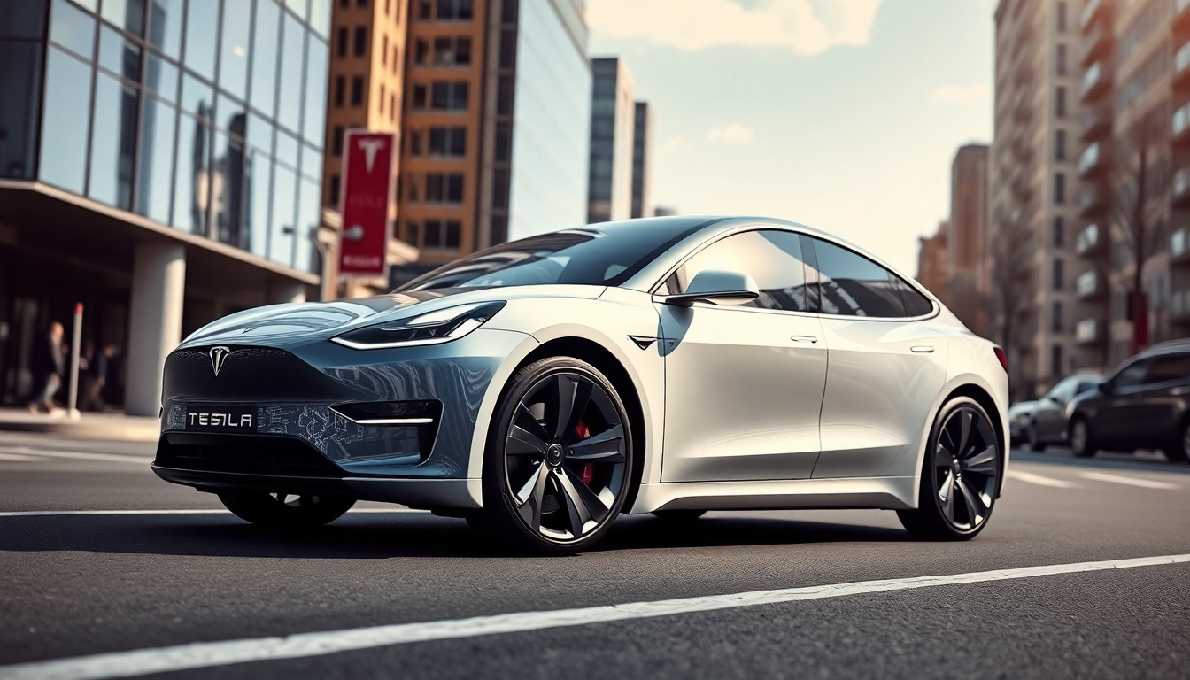 미래형 테슬라 전기차가 첨단 기술과 AI를 통합한 모습의 도시 배경 사진