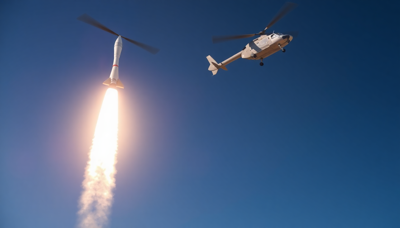 로켓 재사용 기술 개발을 위해 헬리콥터가 공중에서 로켓 부스터를 낚아채는 장면