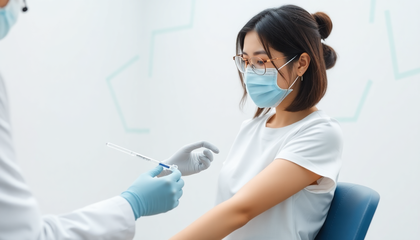 임신 준비 단계에서 TSH 검사 방법과 시기, 그리고 검사 결과 해석을 주제로 한 네 번째 섹션에 어울리는 이미지로, 편안한 분위기에서 혈액 검사를 받는 한국 여성의 모습입니다.