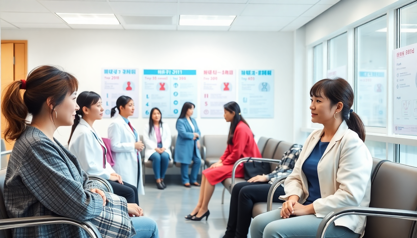 20대, 30대, 40대 한국 여성들이 병원에서 유방암 검진 상담을 받는 모습