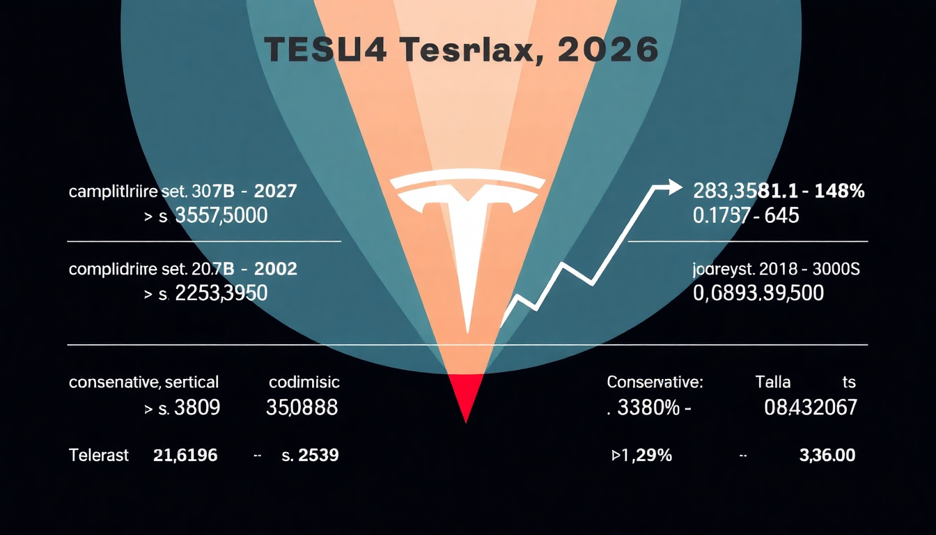 테슬라 2026년 목표주가 전망과 다양한 투자기관의 의견을 담은 인포그래픽 스타일 이미지