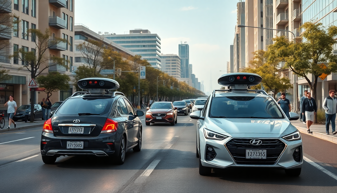 첨단 센서 기술이 적용된 자율주행차가 안전하고 효율적으로 운행중인 미래 도시 모습