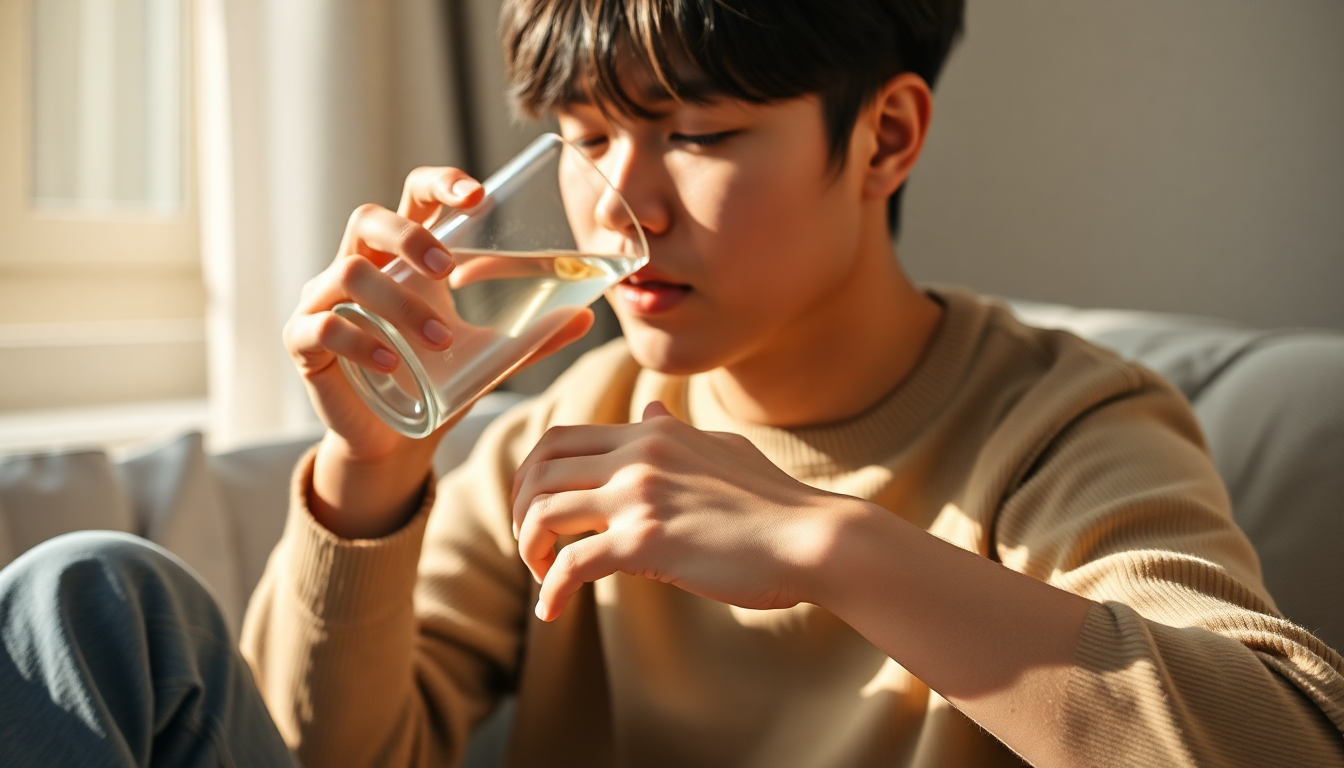 술 마신 후 손 저림 응급처치로 물을 마시고 손목 스트레칭을 하는 한국인 모습